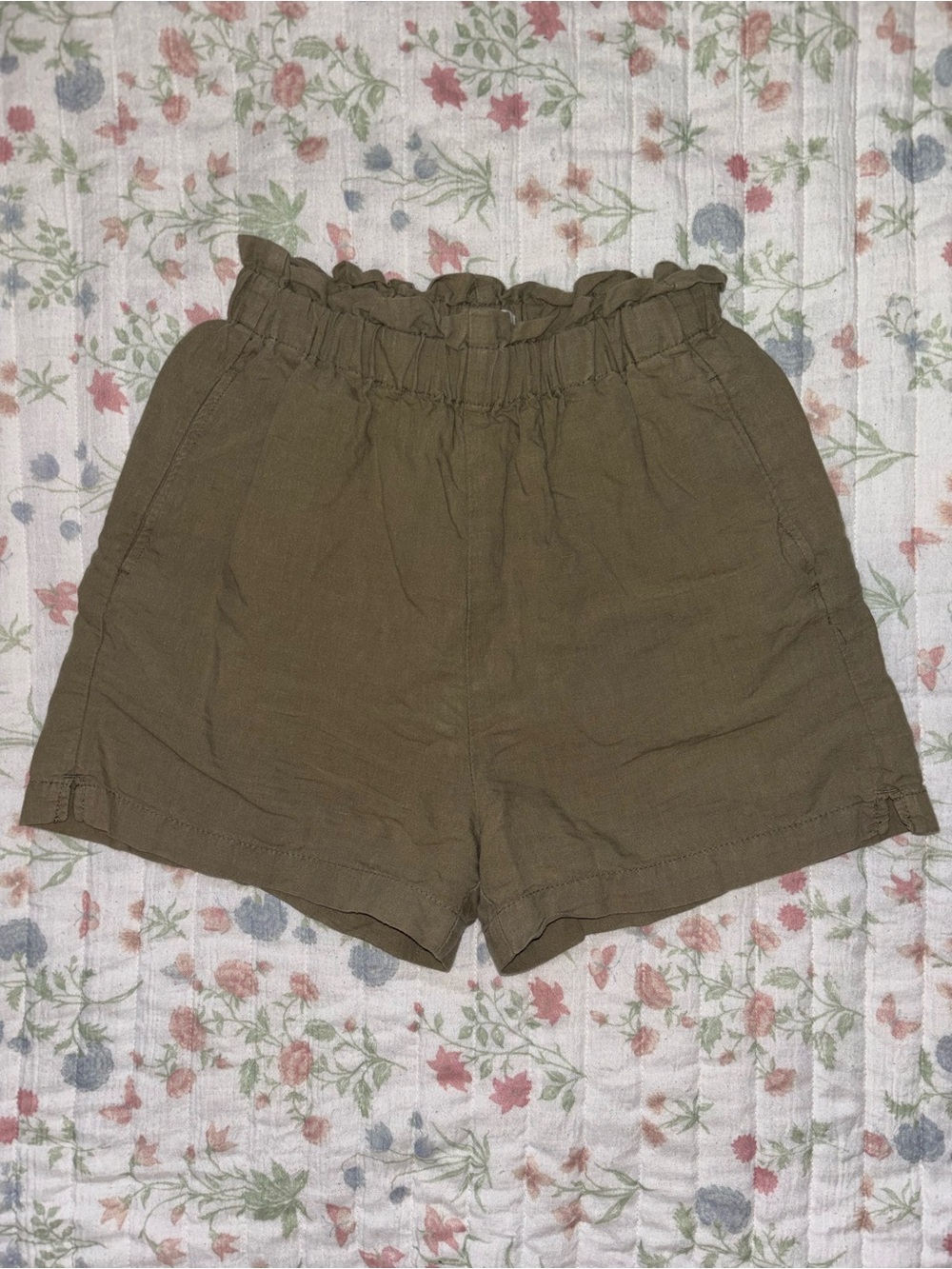 H&M Olive Green High-Waist Ruffle Paperbag Shorts